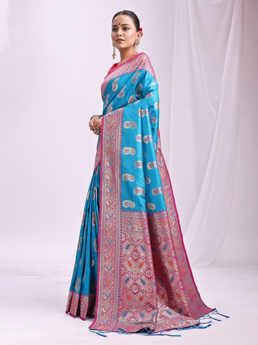 Astita Sky Blue Banarasi Silk Saree with Silver Zari Border & Paisley Design – Festive Wedding Wear | Elegant Traditional Pallu | Soft Silk Finish for Women | Cultural Ethnic Saree