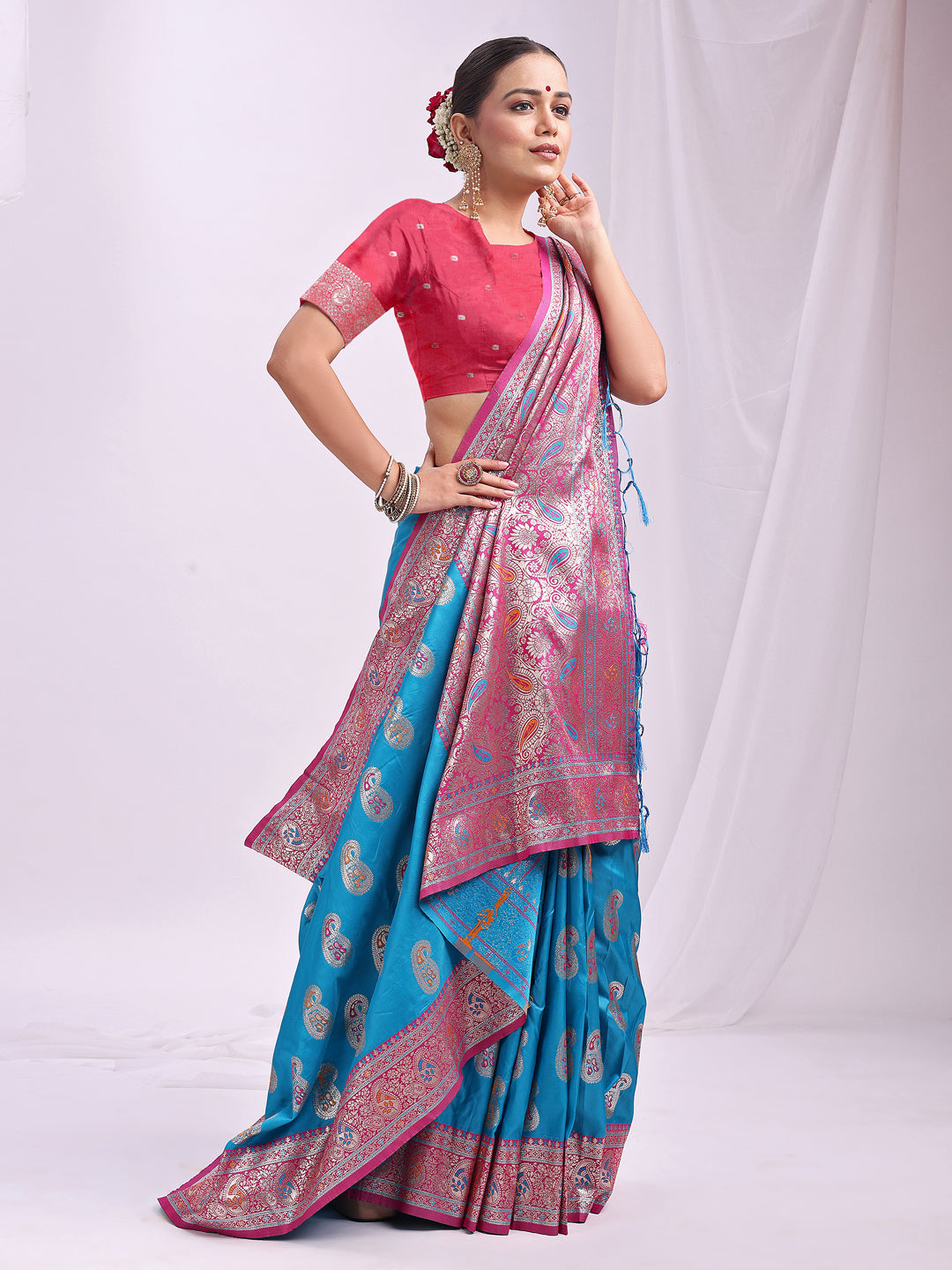 Astita Sky Blue Banarasi Silk Saree with Silver Zari Border & Paisley Design β Festive Wedding Wear | Elegant Traditional Pallu | Soft Silk Finish for Women | Cultural Ethnic Saree