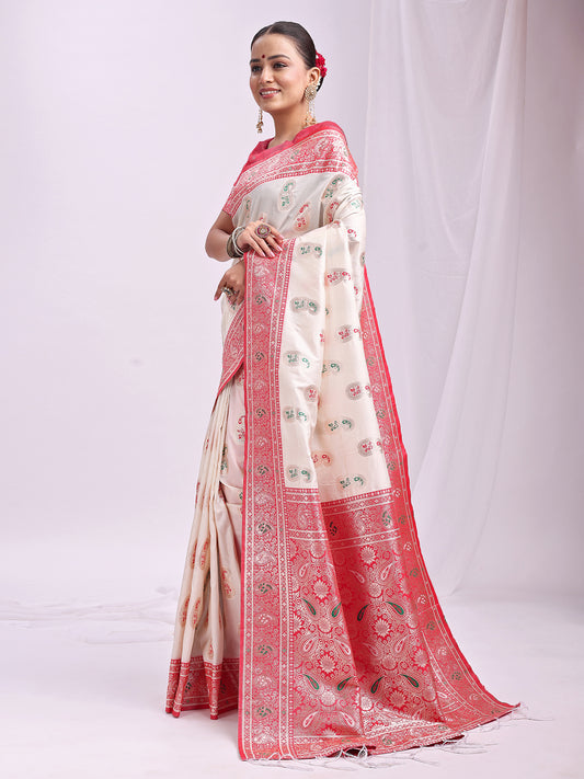 Astita White Banarasi Silk Saree with Silver Zari Border & Paisley Design – Festive Wedding Wear | Elegant Traditional Pallu | Soft Silk Finish for Women | Cultural Ethnic Saree