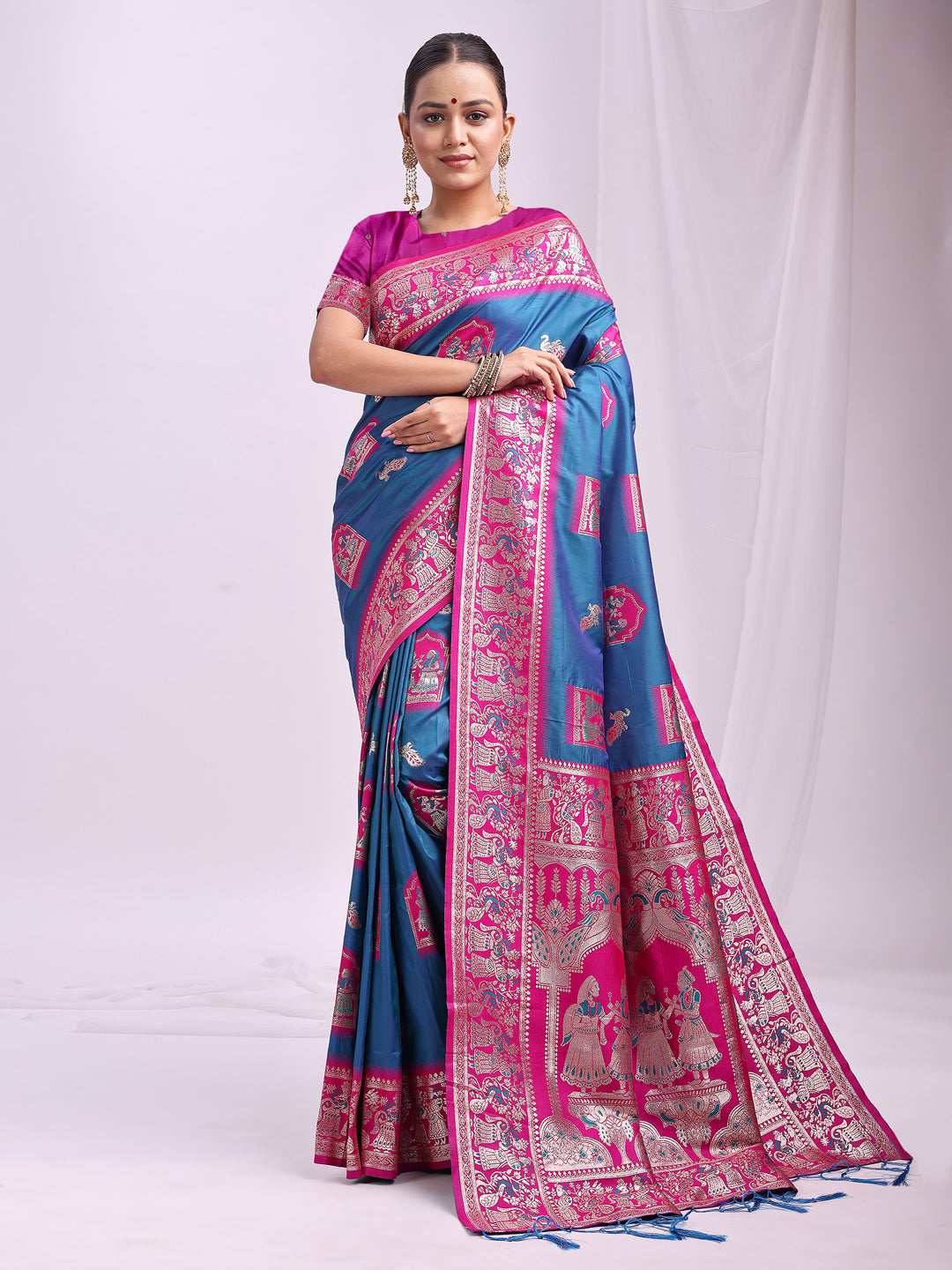 Astita Banarasi Silk Saree with Blue & Rani Pink Zari Work – Wedding & Festive Traditional Saree | Temple Border & Royal Motifs | Soft & Shiny Silk Finish