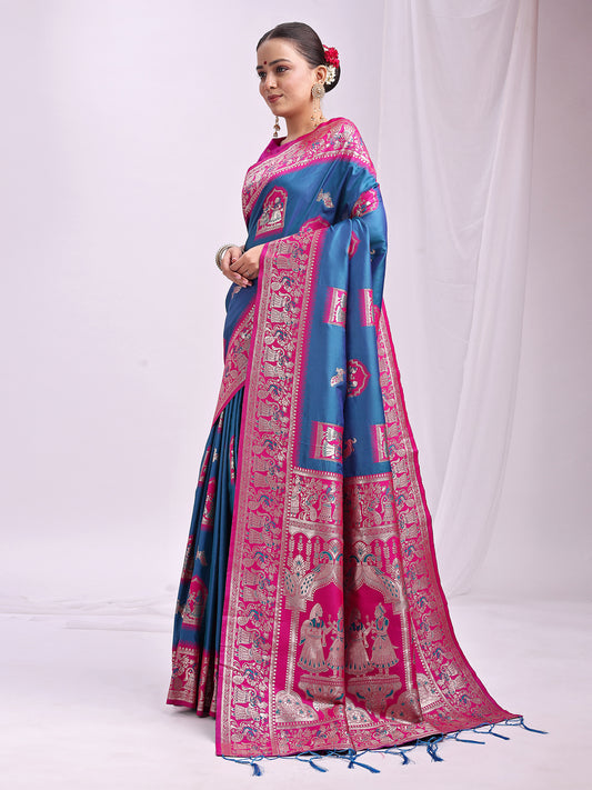 Astita Banarasi Silk Saree with Blue & Rani Pink Zari Work – Wedding & Festive Traditional Saree | Temple Border & Royal Motifs | Soft & Shiny Silk Finish