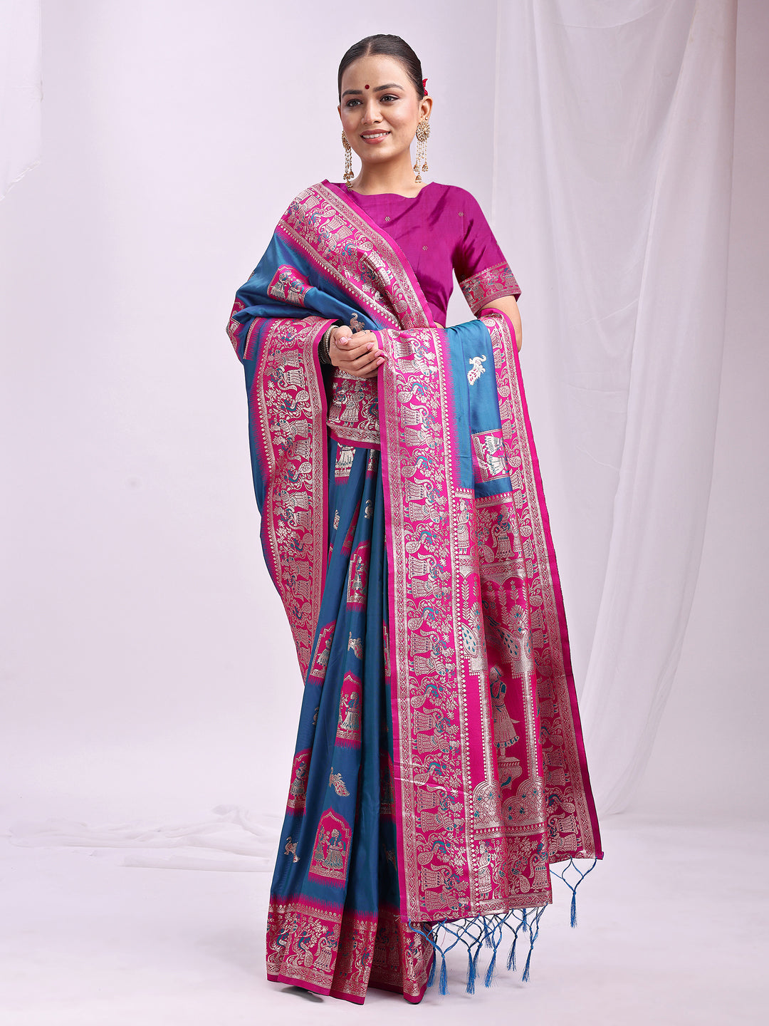 Astita Banarasi Silk Saree with Blue & Rani Pink Zari Work – Wedding & Festive Traditional Saree | Temple Border & Royal Motifs | Soft & Shiny Silk Finish