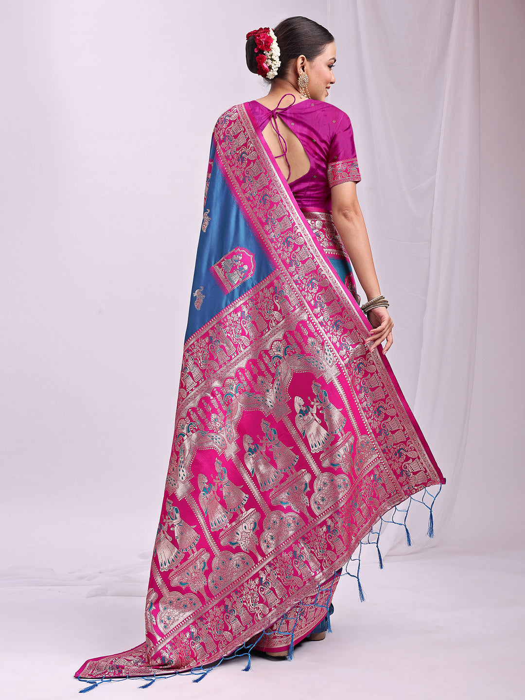 Astita Banarasi Silk Saree with Blue & Rani Pink Zari Work – Wedding & Festive Traditional Saree | Temple Border & Royal Motifs | Soft & Shiny Silk Finish