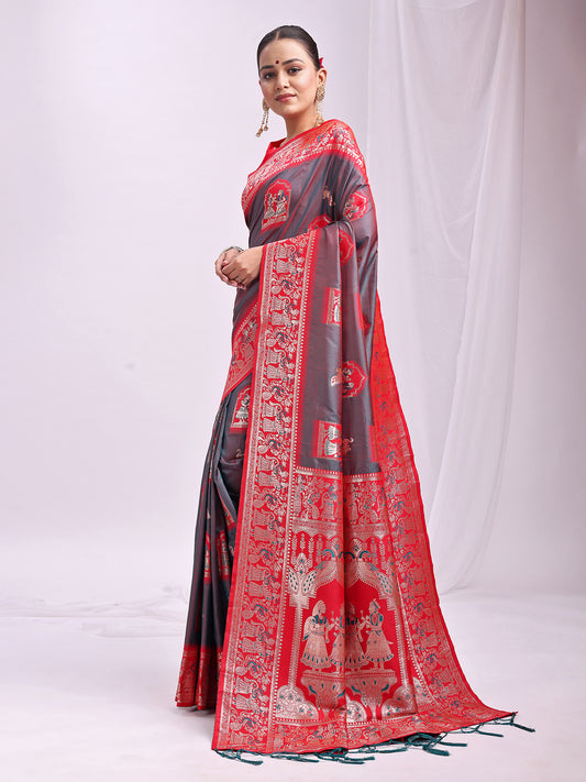 Astita Banarasi Silk Saree with GreY & Red Zari Work – Wedding & Festive Traditional Saree | Temple Border & Royal Motifs | Soft & Shiny Silk Finish