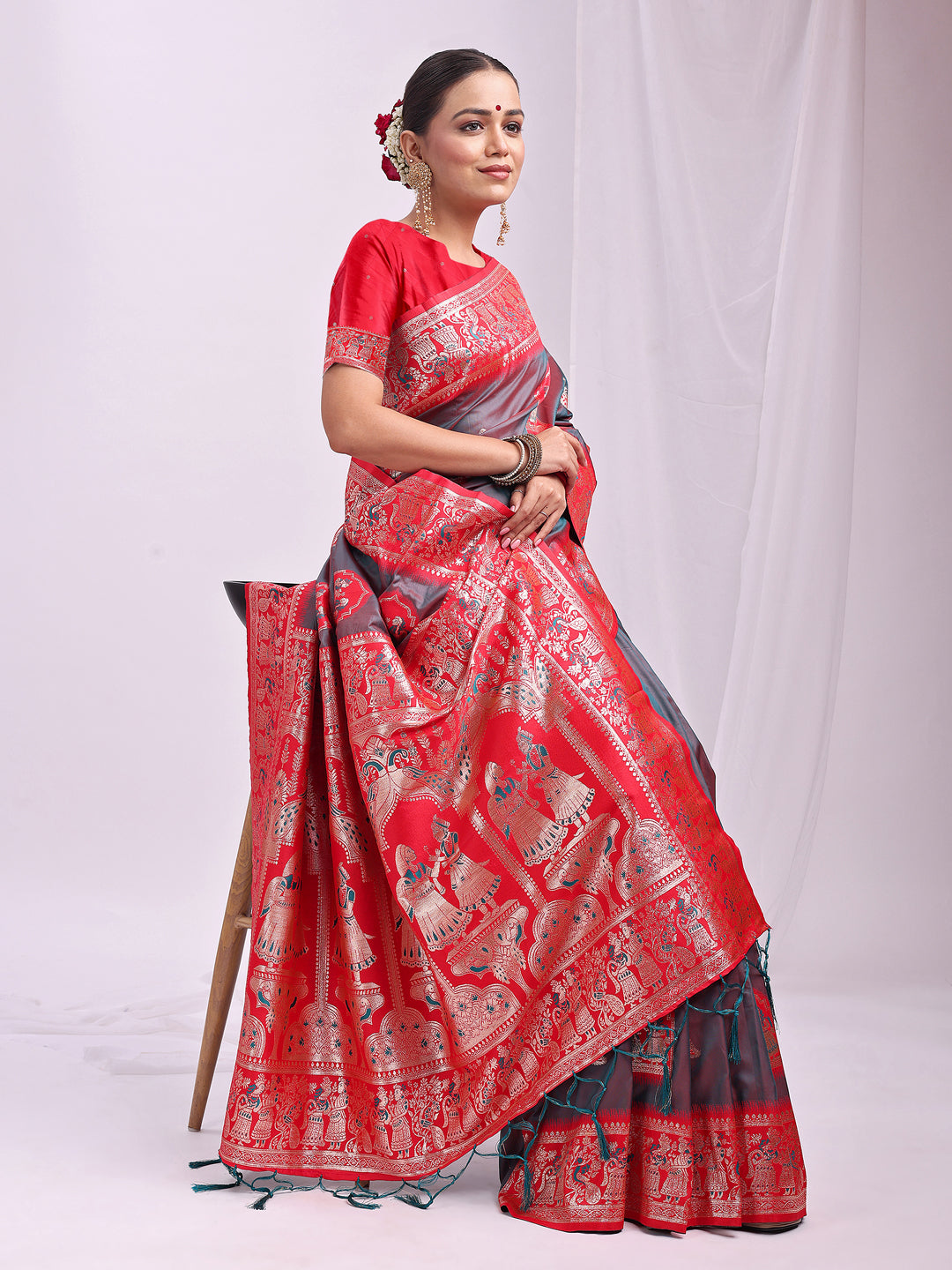 Astita Banarasi Silk Saree with GreY & Red Zari Work β Wedding & Festive Traditional Saree | Temple Border & Royal Motifs | Soft & Shiny Silk Finish