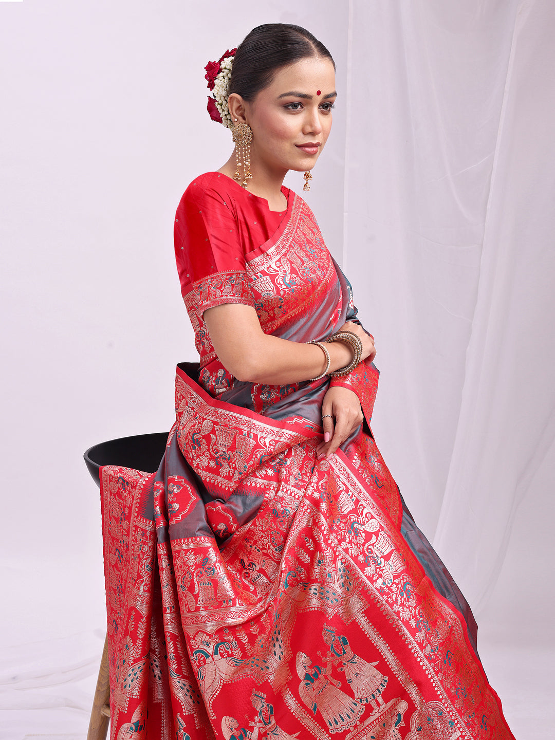 Astita Banarasi Silk Saree with GreY & Red Zari Work β Wedding & Festive Traditional Saree | Temple Border & Royal Motifs | Soft & Shiny Silk Finish