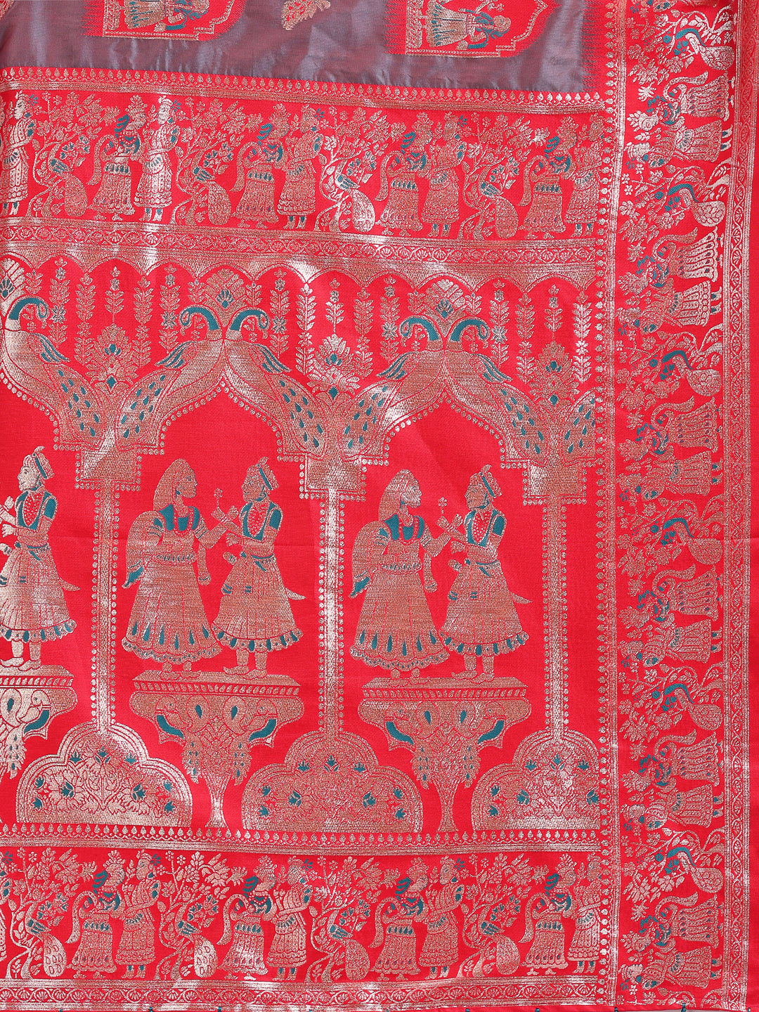 Astita Banarasi Silk Saree with GreY & Red Zari Work β Wedding & Festive Traditional Saree | Temple Border & Royal Motifs | Soft & Shiny Silk Finish