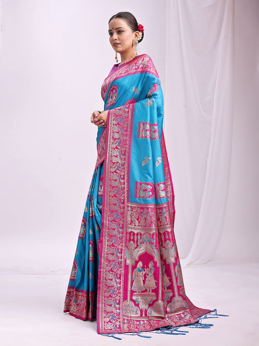 Astita Banarasi Silk Saree with Sky Blue & Pink Zari Work – Wedding & Festive Traditional Saree | Temple Border & Royal Motifs | Soft & Shiny Silk Finish