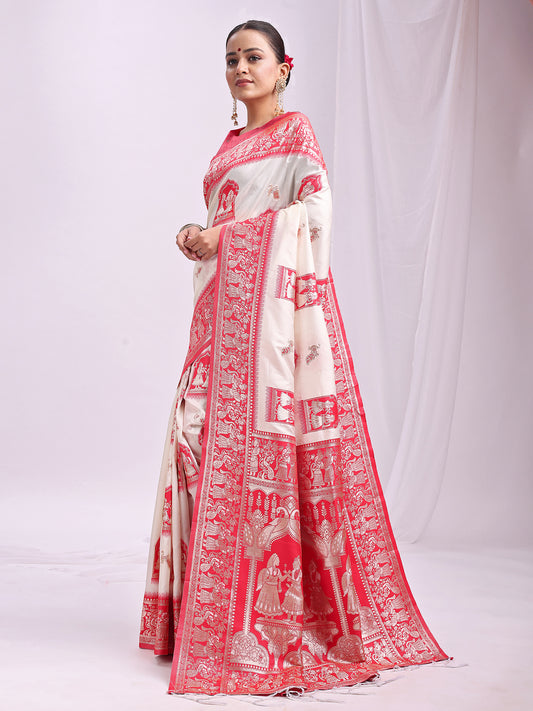 Astita Banarasi Silk Saree with White & Red Zari Work – Wedding & Festive Traditional Saree | Temple Border & Royal Motifs | Soft & Shiny Silk Finish
