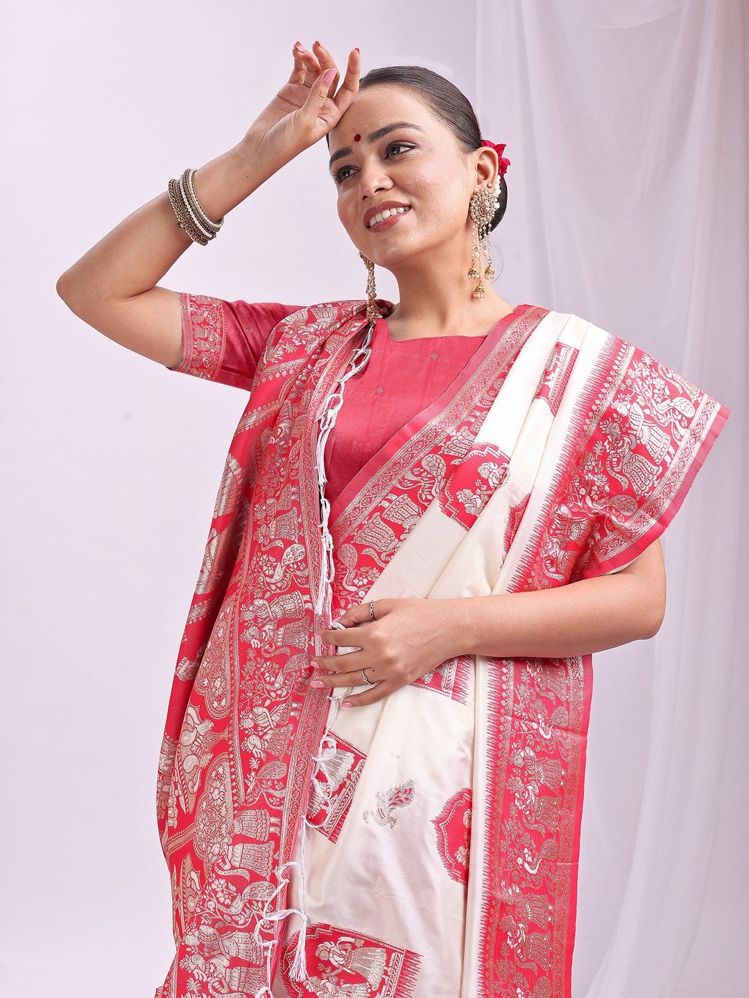 Astita Banarasi Silk Saree with White & Red Zari Work β Wedding & Festive Traditional Saree | Temple Border & Royal Motifs | Soft & Shiny Silk Finish