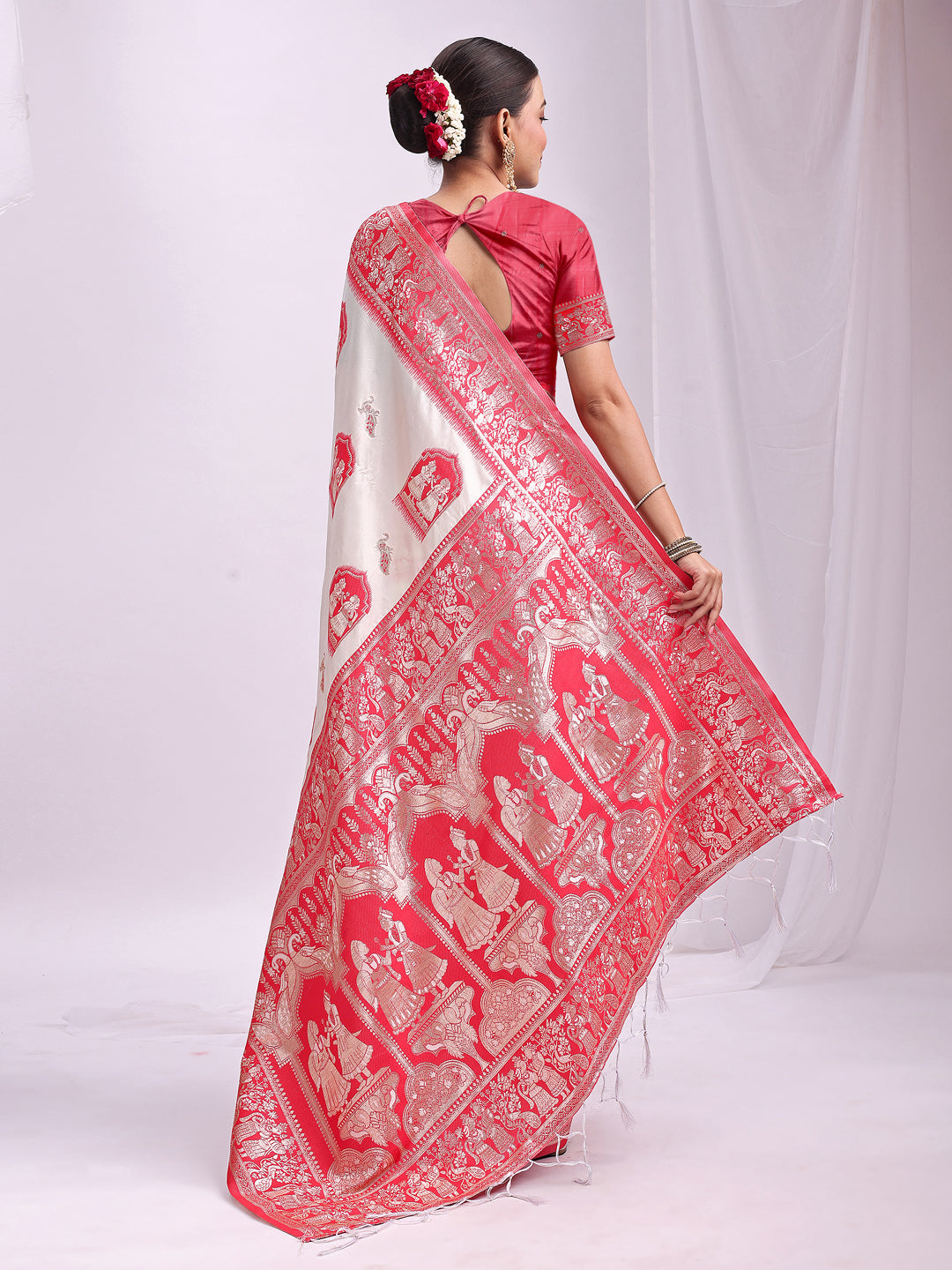 Astita Banarasi Silk Saree with White & Red Zari Work β Wedding & Festive Traditional Saree | Temple Border & Royal Motifs | Soft & Shiny Silk Finish