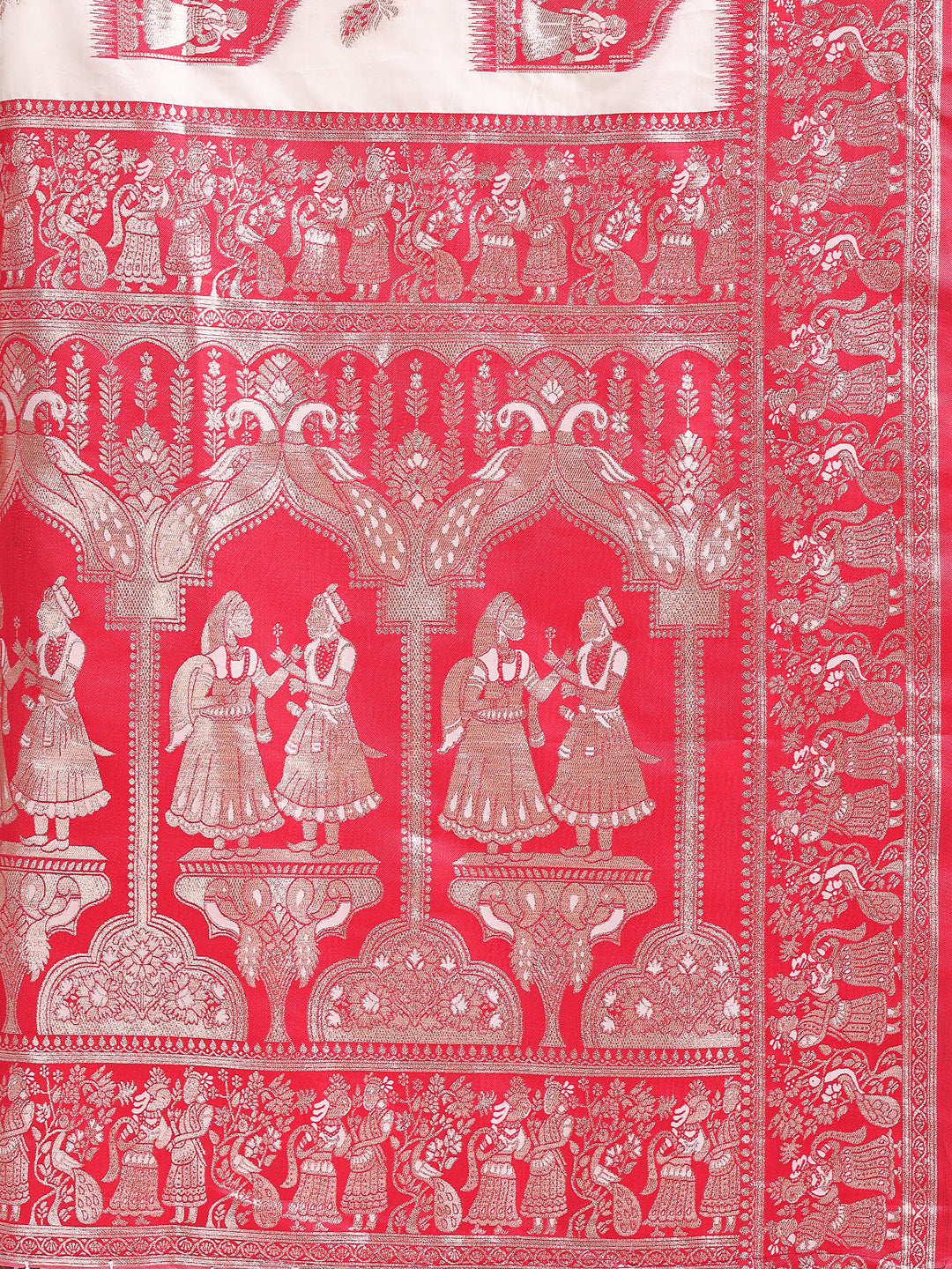 Astita Banarasi Silk Saree with White & Red Zari Work β Wedding & Festive Traditional Saree | Temple Border & Royal Motifs | Soft & Shiny Silk Finish