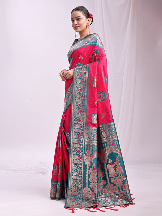 Astita Banarasi Silk Saree with Magenta & Sea Green Zari Work – Wedding & Festive Traditional Saree | Temple Border & Royal Motifs | Soft & Shiny Silk Finish