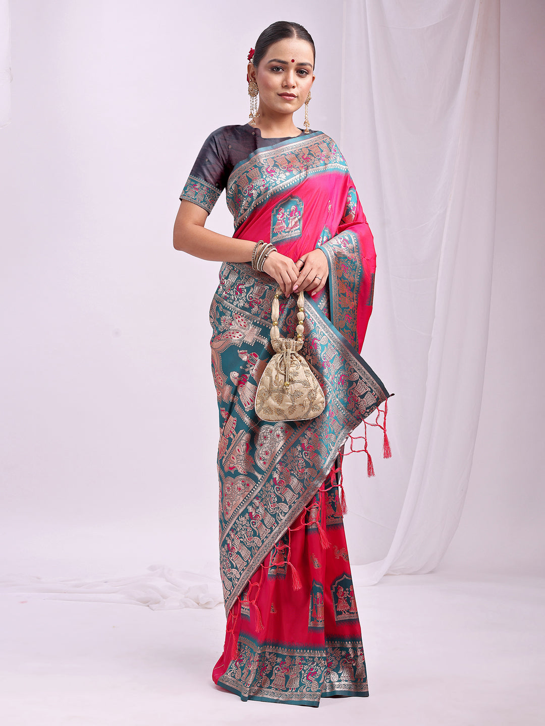 Astita Banarasi Silk Saree with Magenta & Sea Green Zari Work β Wedding & Festive Traditional Saree | Temple Border & Royal Motifs | Soft & Shiny Silk Finish