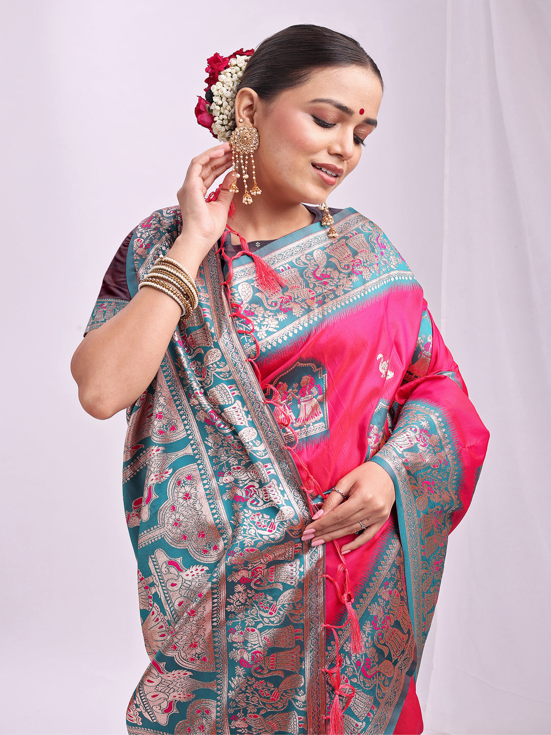Astita Banarasi Silk Saree with Magenta & Sea Green Zari Work β Wedding & Festive Traditional Saree | Temple Border & Royal Motifs | Soft & Shiny Silk Finish