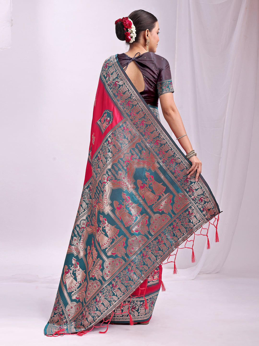 Astita Banarasi Silk Saree with Magenta & Sea Green Zari Work β Wedding & Festive Traditional Saree | Temple Border & Royal Motifs | Soft & Shiny Silk Finish