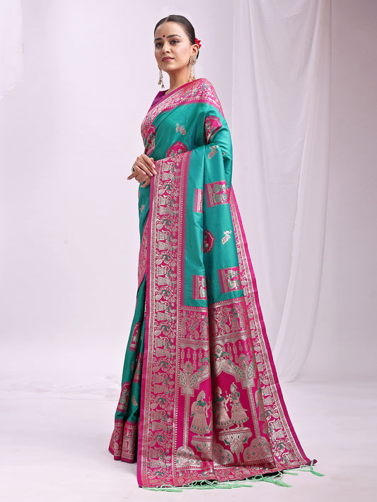 Astita Banarasi Silk Saree with Rama Green & Pink Zari Work – Wedding & Festive Traditional Saree | Temple Border & Royal Motifs | Soft & Shiny Silk Finish