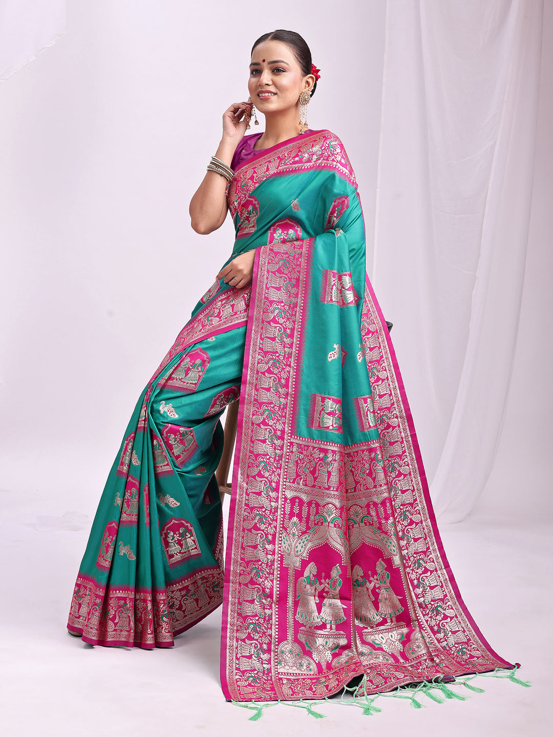 Astita Banarasi Silk Saree with Rama Green & Pink Zari Work β Wedding & Festive Traditional Saree | Temple Border & Royal Motifs | Soft & Shiny Silk Finish