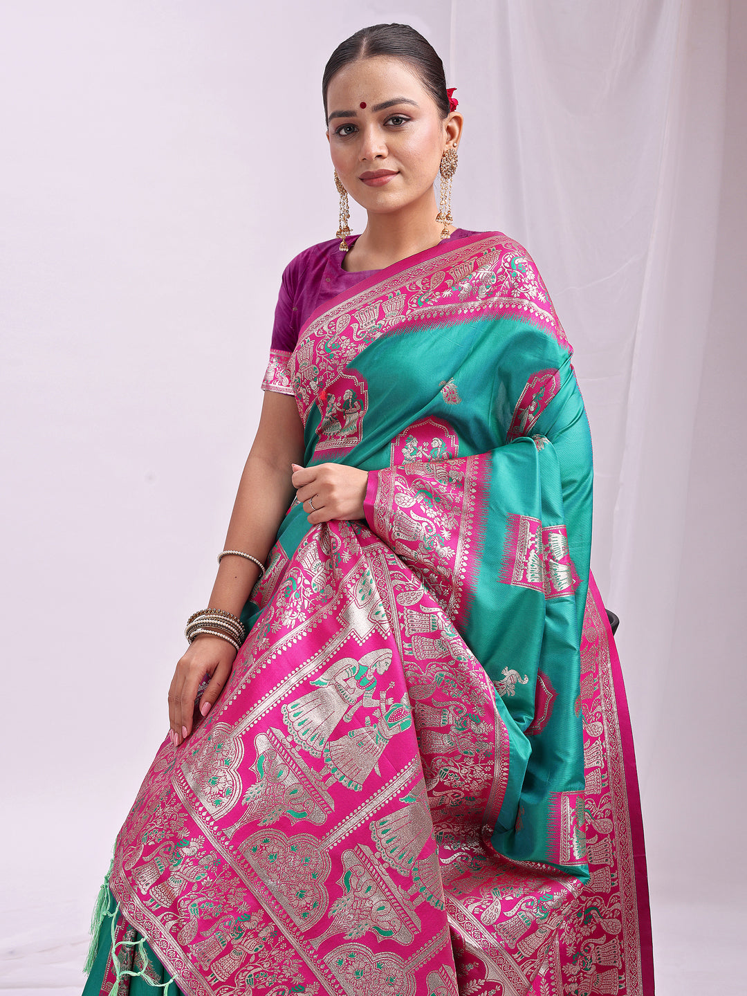 Astita Banarasi Silk Saree with Rama Green & Pink Zari Work β Wedding & Festive Traditional Saree | Temple Border & Royal Motifs | Soft & Shiny Silk Finish