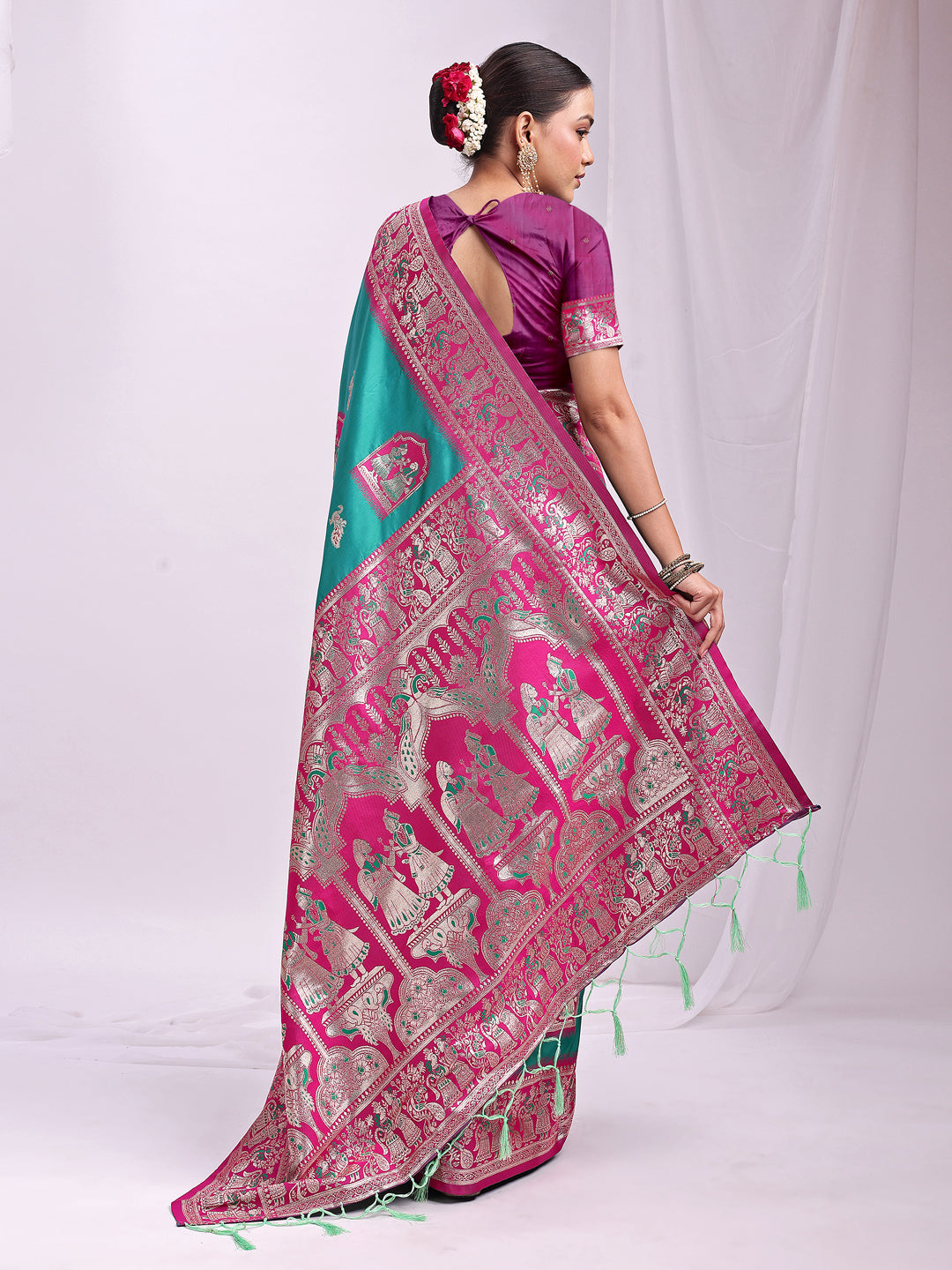 Astita Banarasi Silk Saree with Rama Green & Pink Zari Work β Wedding & Festive Traditional Saree | Temple Border & Royal Motifs | Soft & Shiny Silk Finish