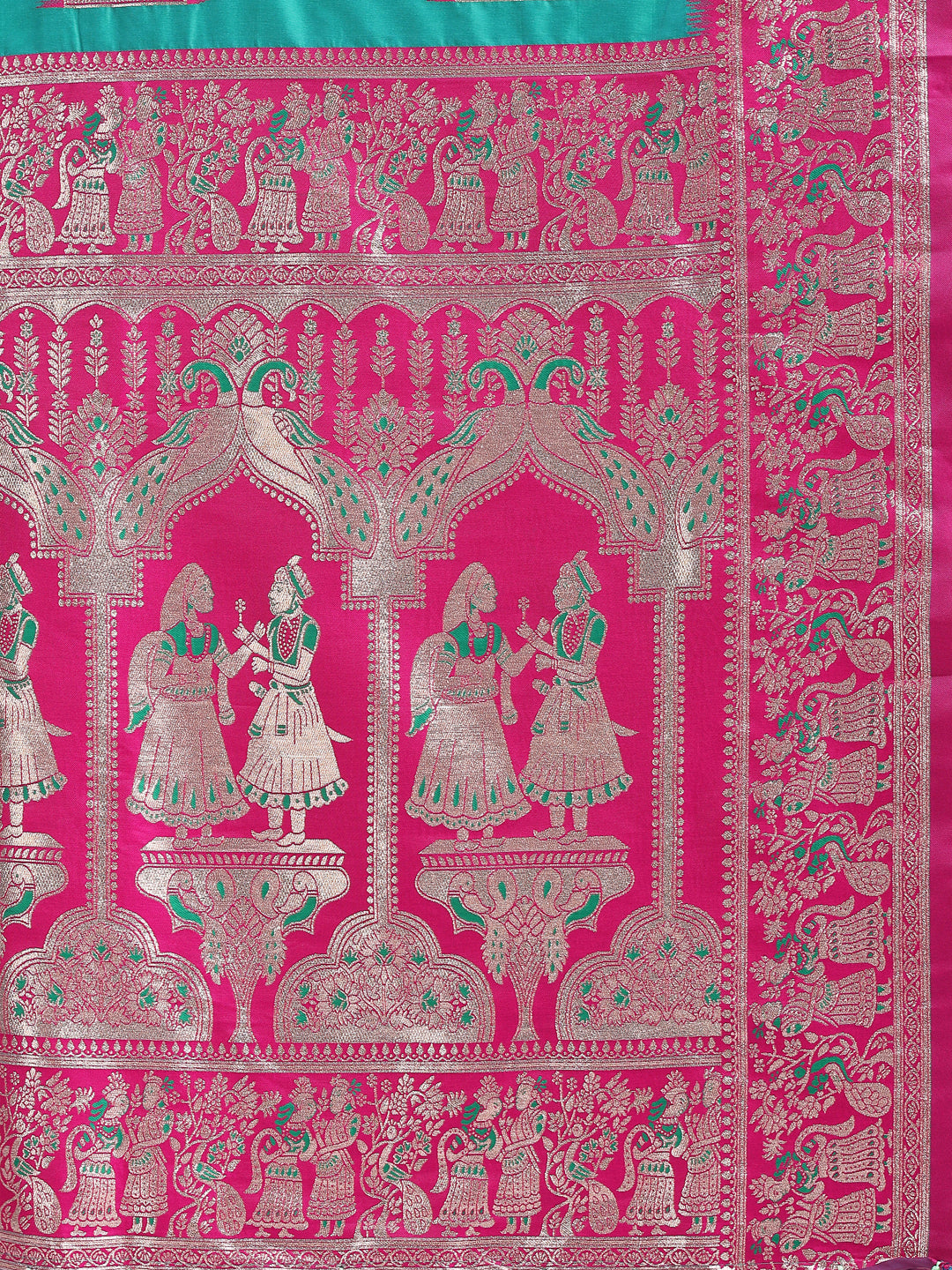 Astita Banarasi Silk Saree with Rama Green & Pink Zari Work β Wedding & Festive Traditional Saree | Temple Border & Royal Motifs | Soft & Shiny Silk Finish