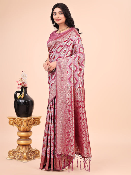 Graceful Pink Lichi Silk Saree with Contrast Blue Woven Border & Floral Zari Design – Wedding & Festive Wear