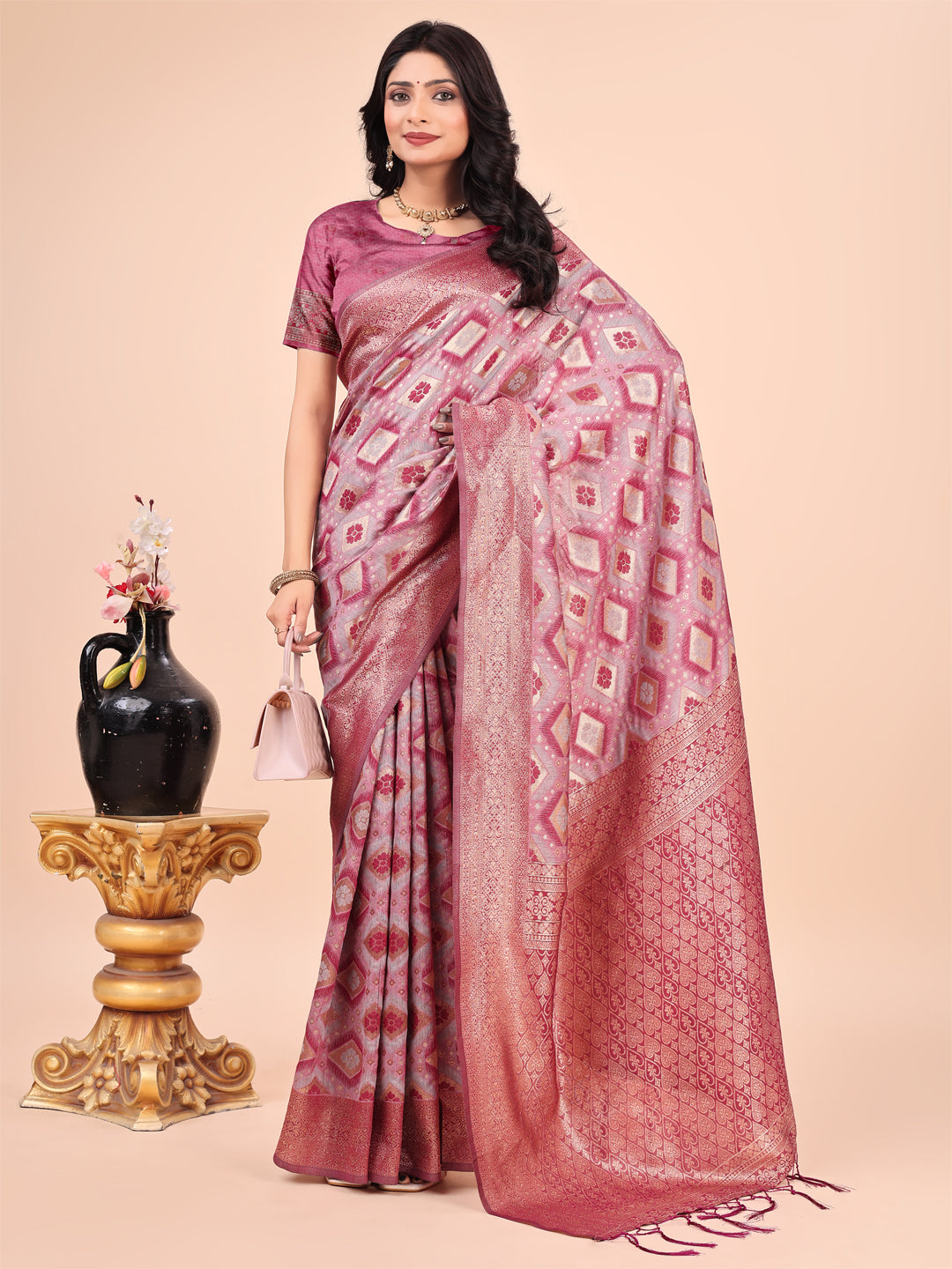 Graceful Pink Lichi Silk Saree with Contrast Blue Woven Border & Floral Zari Design β Wedding & Festive Wear