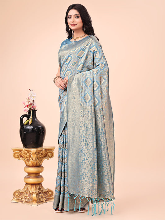 Graceful Sky Blue Lichi Silk Saree with Contrast Blue Woven Border & Floral Zari Design – Wedding & Festive Wear