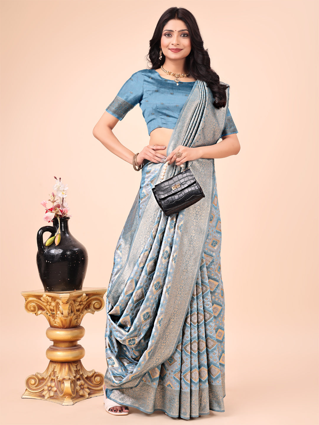 Graceful Sky Blue Lichi Silk Saree with Contrast Blue Woven Border & Floral Zari Design β Wedding & Festive Wear