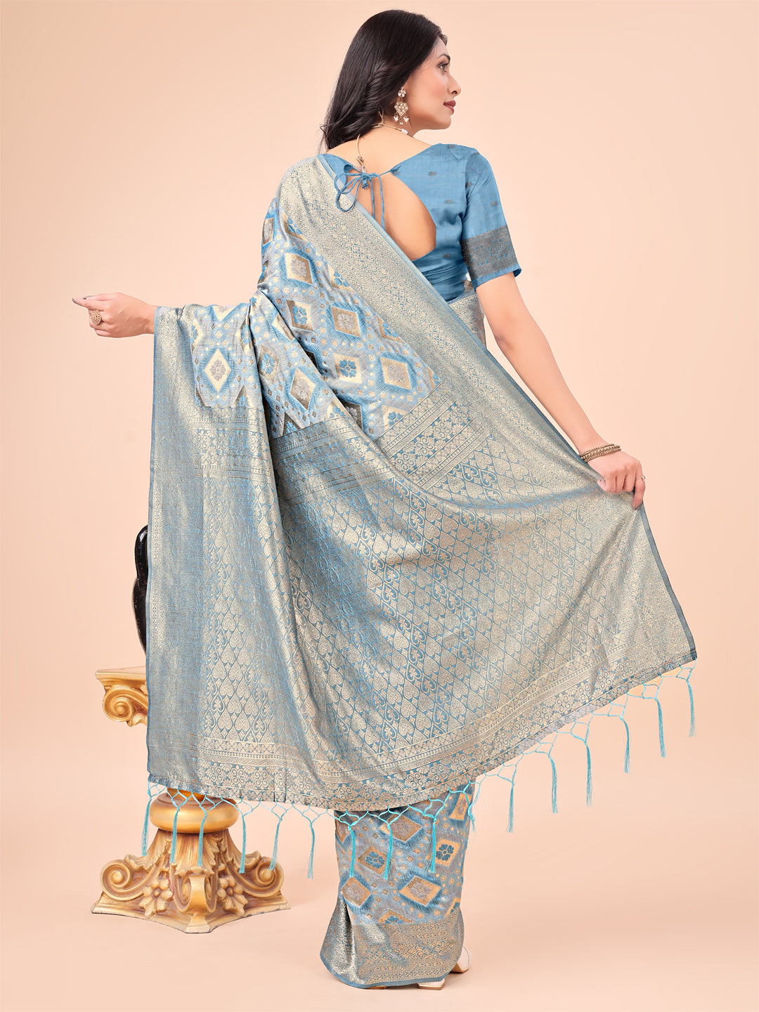 Graceful Sky Blue Lichi Silk Saree with Contrast Blue Woven Border & Floral Zari Design β Wedding & Festive Wear