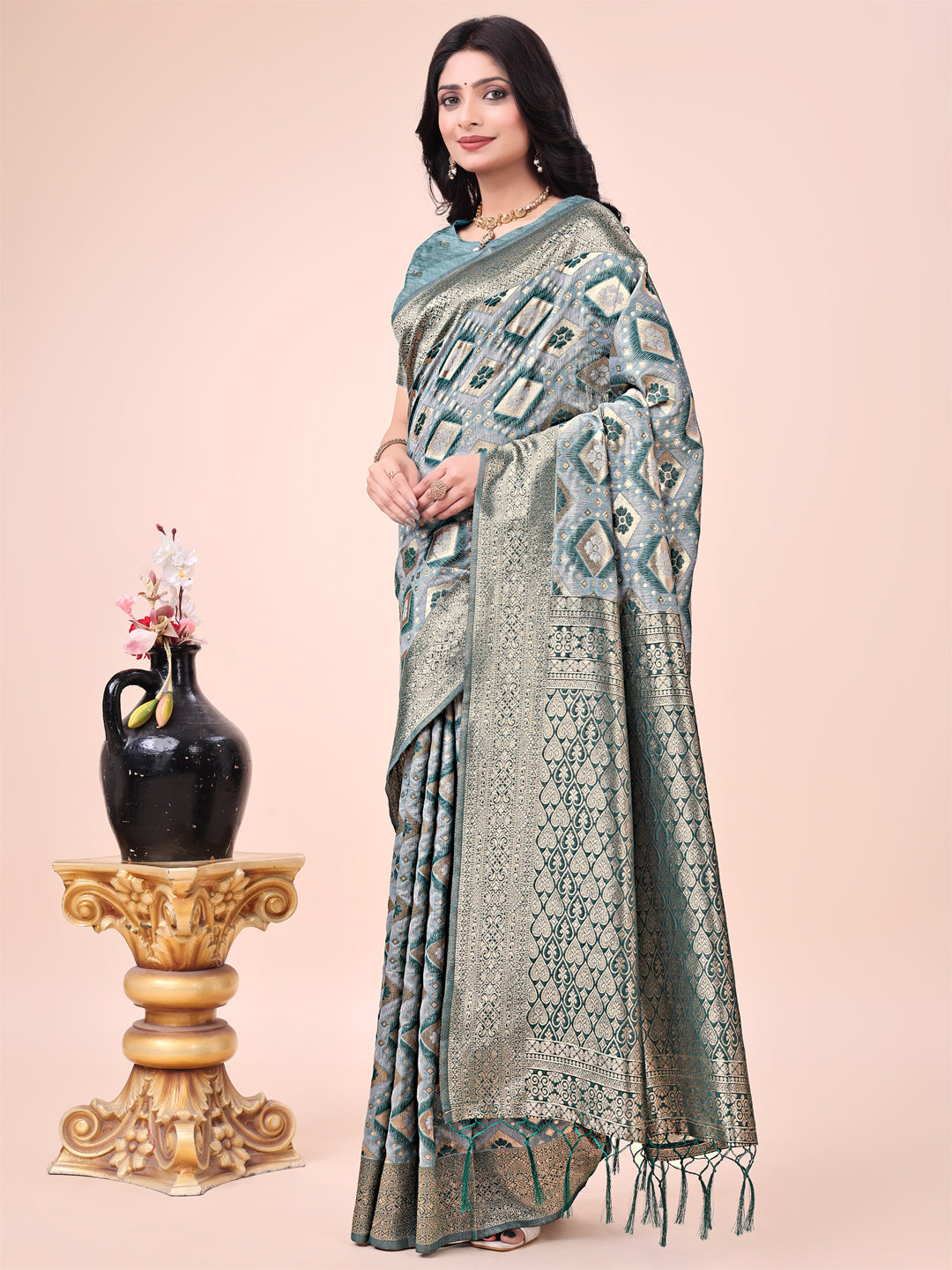 Graceful Green Lichi Silk Saree with Contrast Blue Woven Border & Floral Zari Design β Wedding & Festive Wear