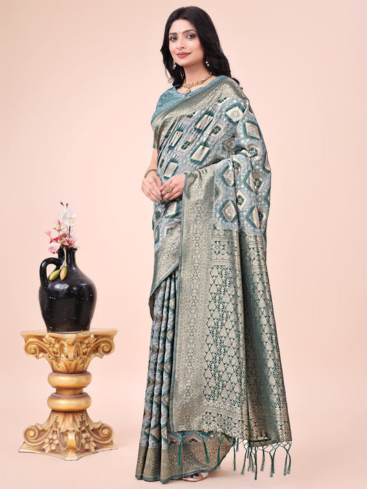 Graceful Green Lichi Silk Saree with Contrast Blue Woven Border & Floral Zari Design – Wedding & Festive Wear