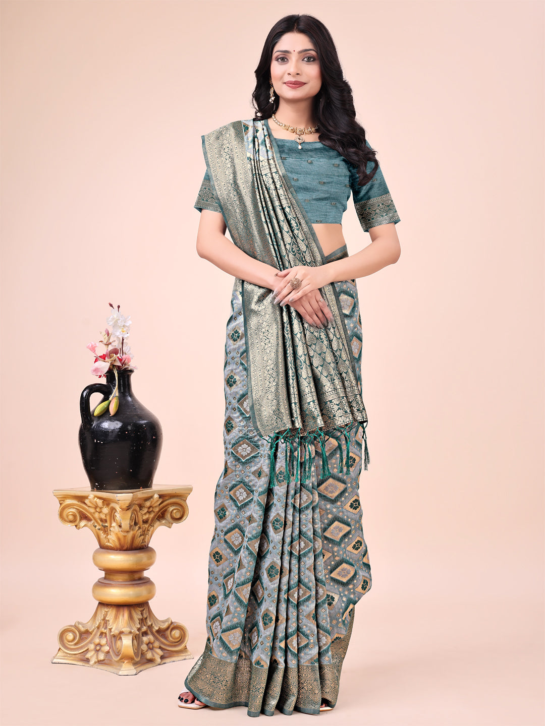 Graceful Green Lichi Silk Saree with Contrast Blue Woven Border & Floral Zari Design β Wedding & Festive Wear