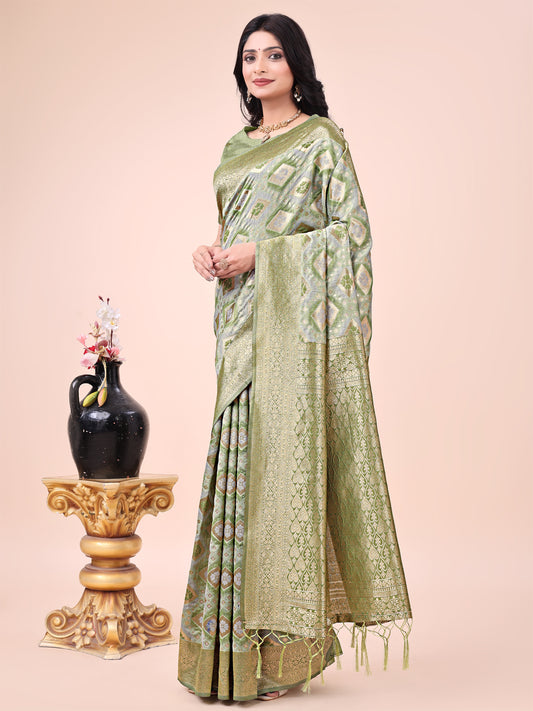 Graceful Mhendi Green Lichi Silk Saree with Contrast Blue Woven Border & Floral Zari Design – Wedding & Festive Wear