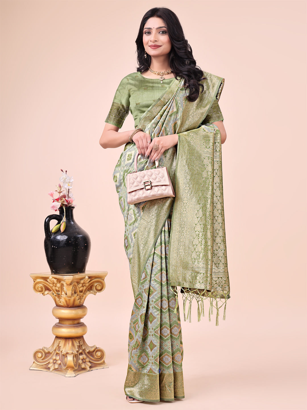 Graceful Mhendi Green Lichi Silk Saree with Contrast Blue Woven Border & Floral Zari Design β Wedding & Festive Wear