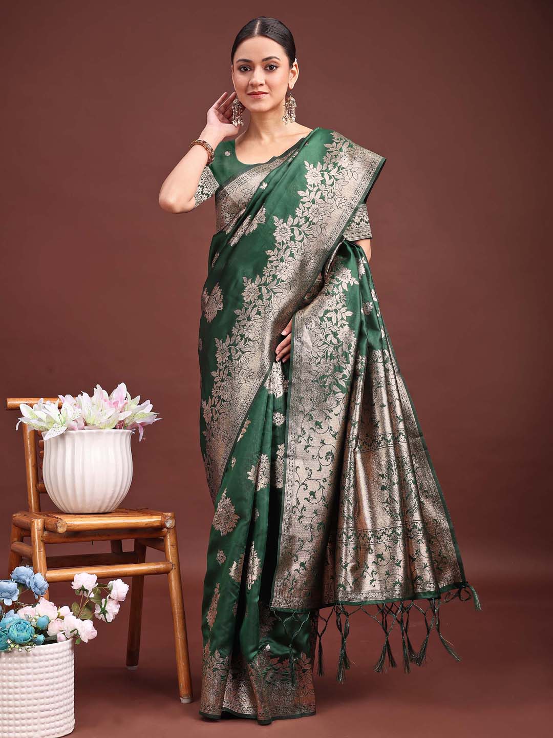 Astita Emerald Green Banarasi Silk Saree with Zari Floral Work – Elegance Woven in Every Thread