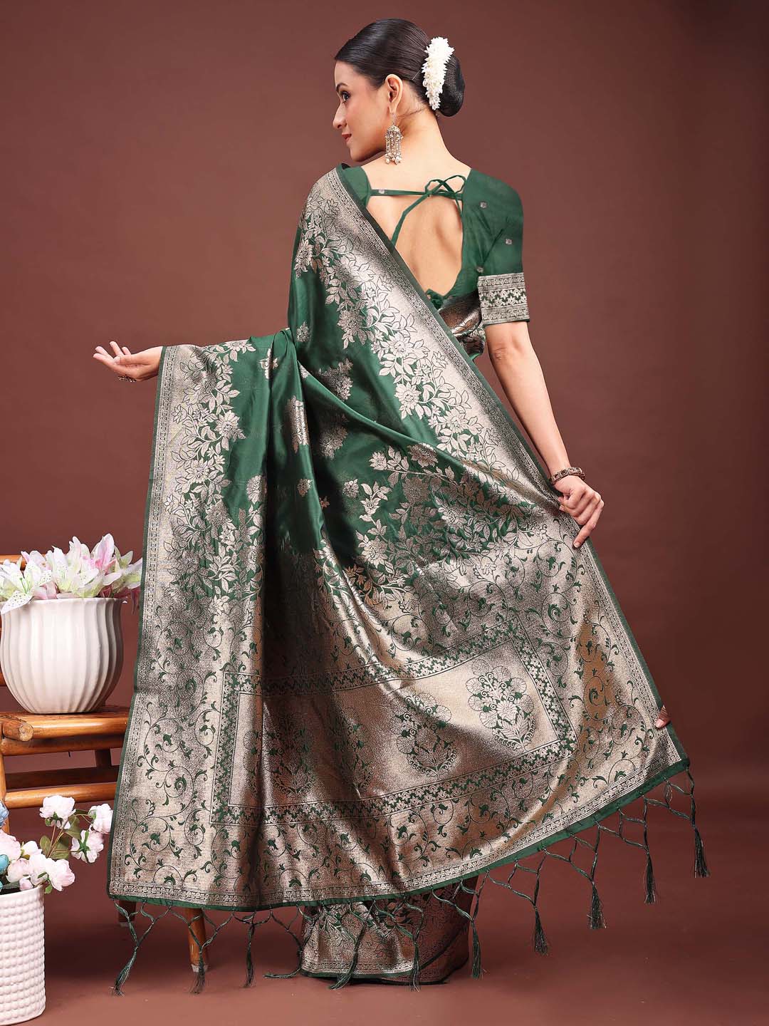 Astita Emerald Green Banarasi Silk Saree with Zari Floral Work – Elegance Woven in Every Thread