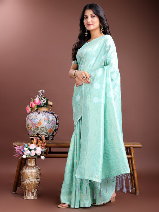 Astita Elegant Sea Green Cotton Saree for Women – Soft Lightweight Saree with Zari Woven Butta & Tassel Border