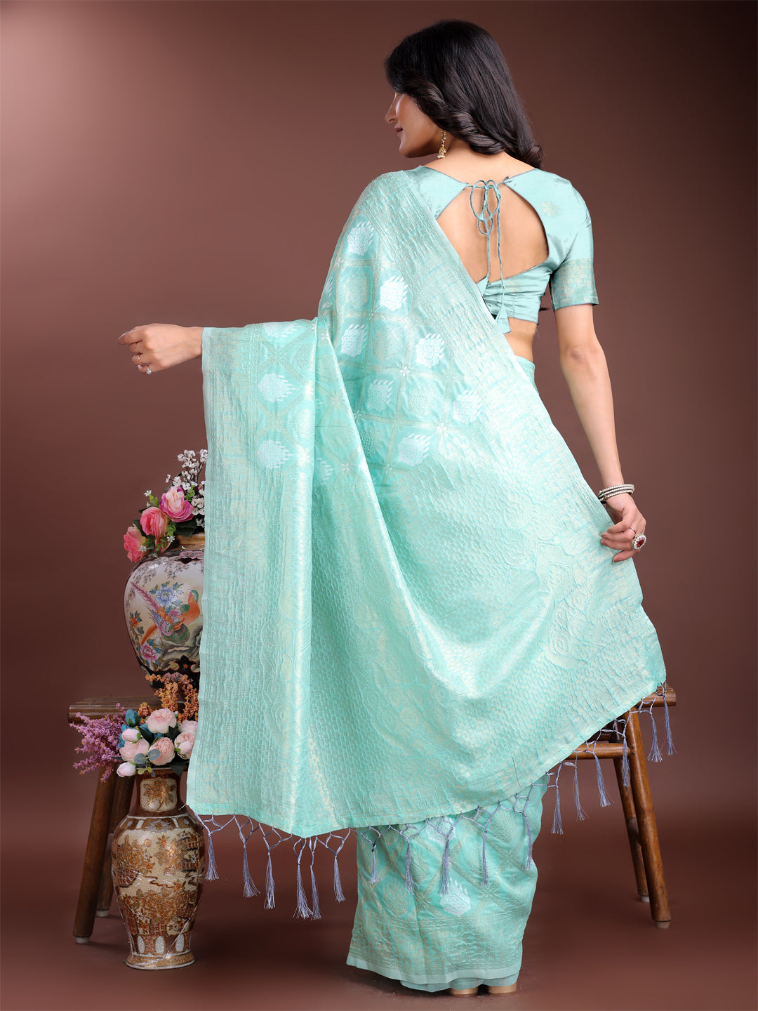 Astita Elegant Sea Green Cotton Saree for Women – Soft Lightweight Saree with Zari Woven Butta & Tassel Border