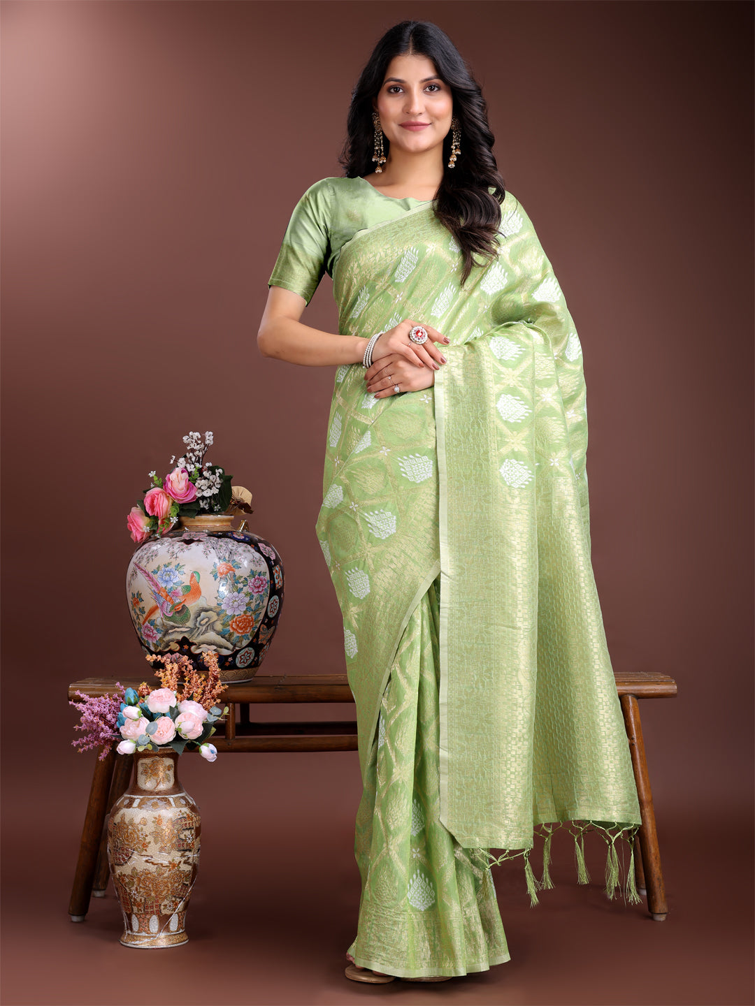 Astita Elegant Light Green Cotton Saree for Women – Soft Lightweight Saree with Zari Woven Butta & Tassel Border