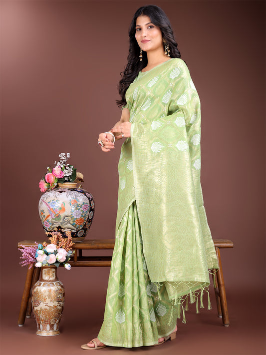 Astita Elegant Light Green Cotton Saree for Women – Soft Lightweight Saree with Zari Woven Butta & Tassel Border