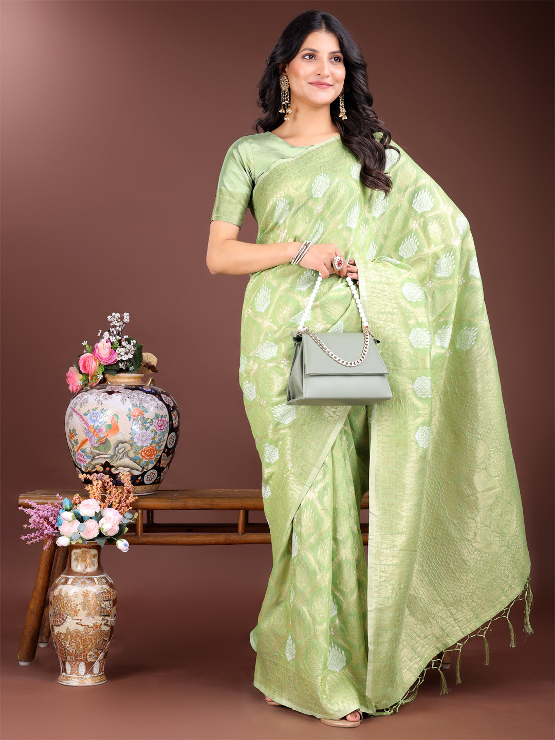 Astita Elegant Light Green Cotton Saree for Women – Soft Lightweight Saree with Zari Woven Butta & Tassel Border