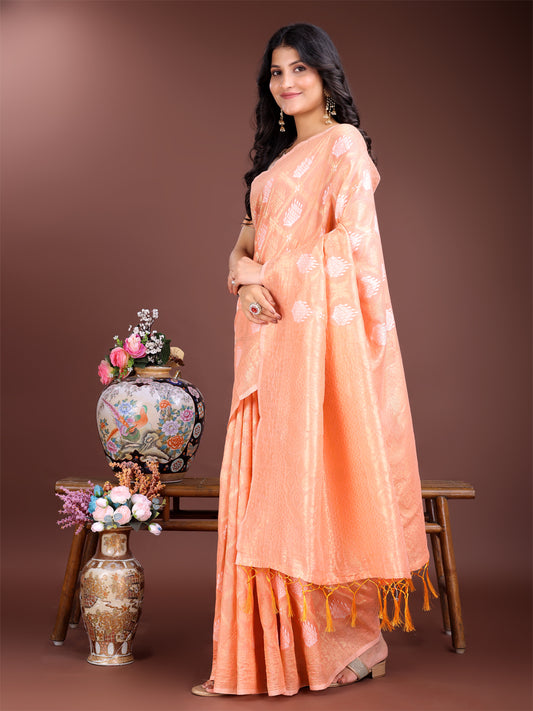 Astita Elegant Orange Cotton Saree for Women – Soft Lightweight Saree with Zari Woven Butta & Tassel Border