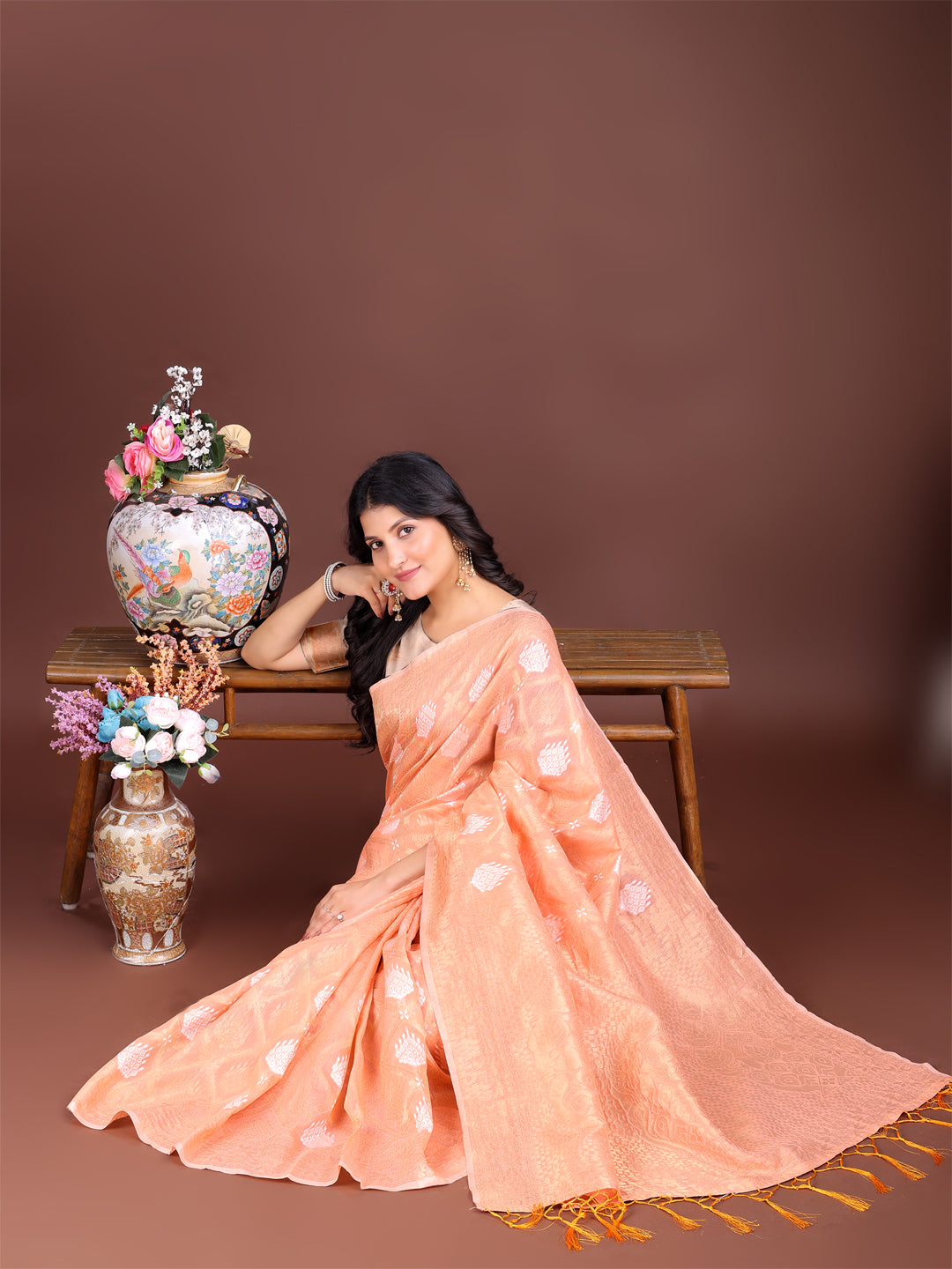 Astita Elegant Orange Cotton Saree for Women – Soft Lightweight Saree with Zari Woven Butta & Tassel Border