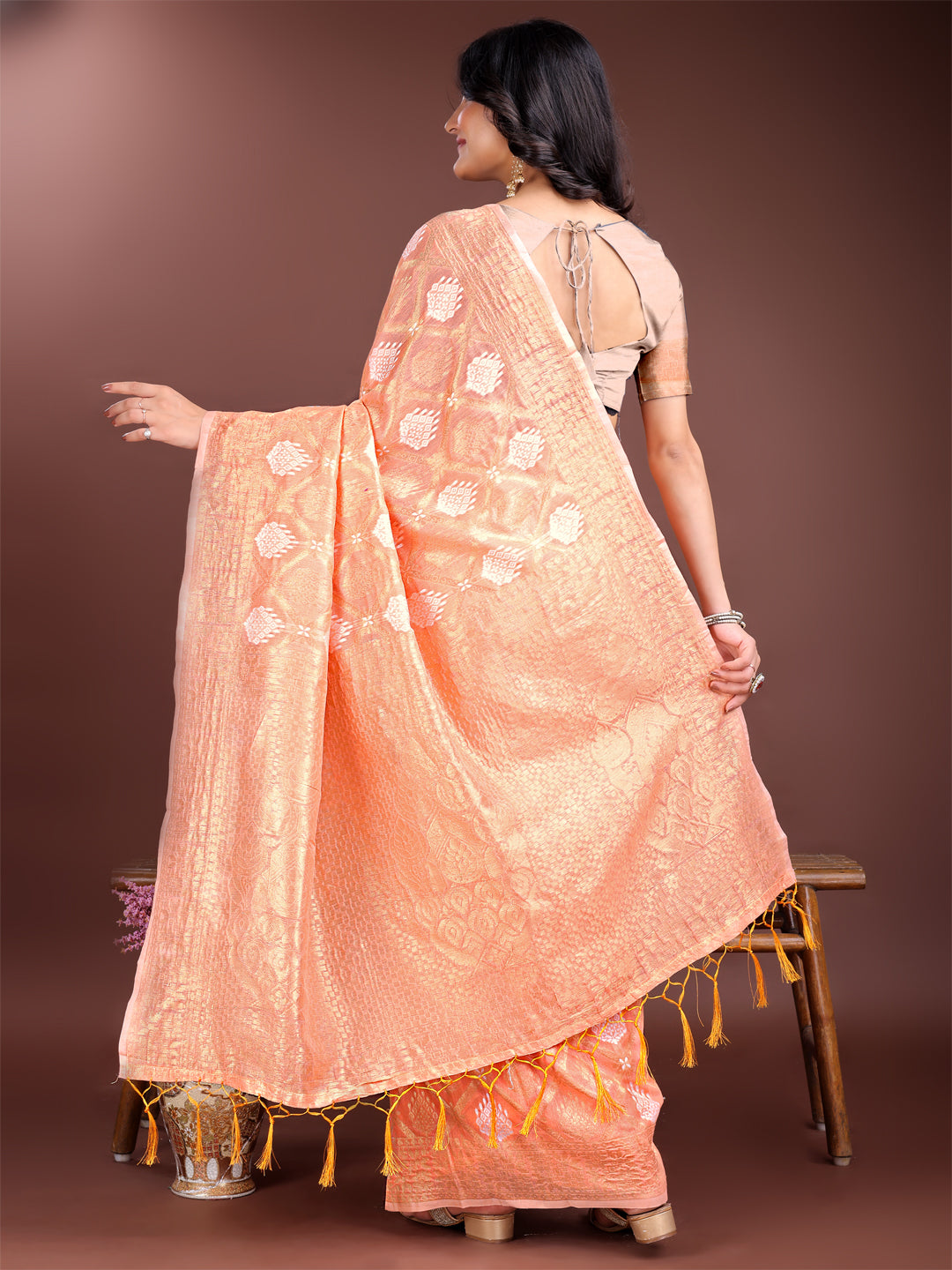 Astita Elegant Orange Cotton Saree for Women – Soft Lightweight Saree with Zari Woven Butta & Tassel Border