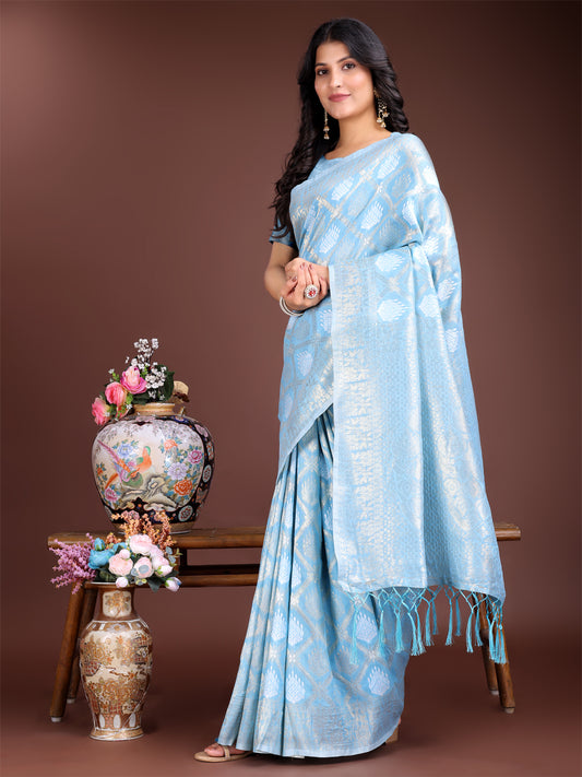 Astita Elegant Sky Blue Cotton Saree for Women – Soft Lightweight Saree with Zari Woven Butta & Tassel Border
