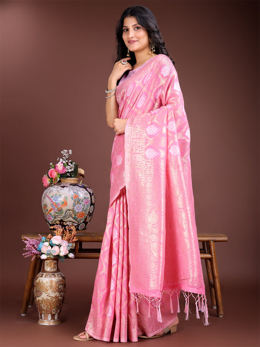 Astita Elegant Pink Cotton Saree for Women – Soft Lightweight Saree with Zari Woven Butta & Tassel Border