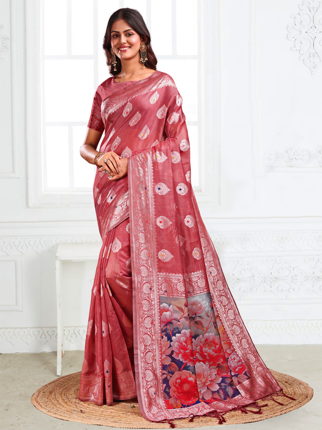 Astita Rust Floral Linen Cotton Saree with Zari Border & Digital Printed Pallu β Elegant Sari for Festive Occasions