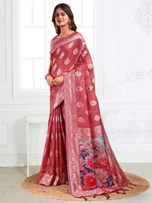 Astita Rust Floral Linen Cotton Saree with Zari Border & Digital Printed Pallu – Elegant Sari for Festive Occasions