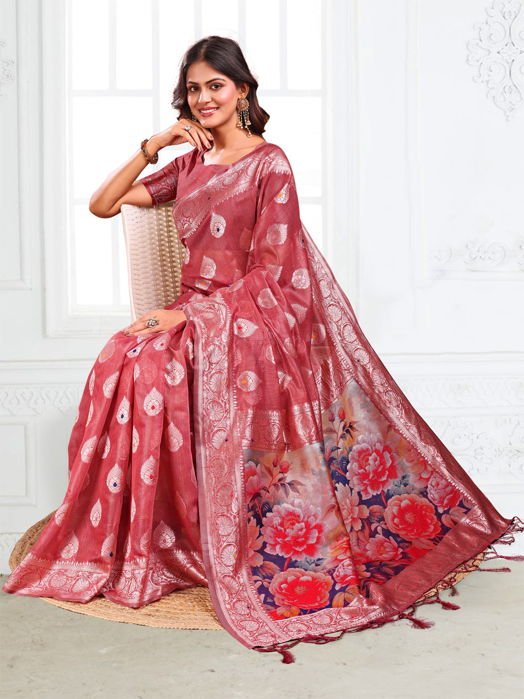 Astita Rust Floral Linen Cotton Saree with Zari Border & Digital Printed Pallu β Elegant Sari for Festive Occasions